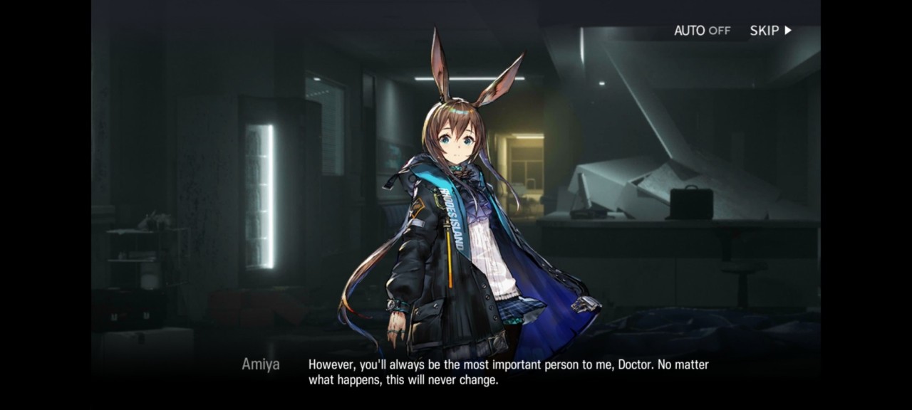 Amiya, a brown-haired bunny girl in a heavy jacket: However, you'll always be the most important person to me, Doctor.  No matter what happens, this will never change.