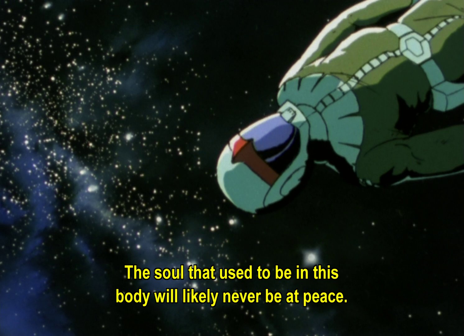 A spacesuit floating through space.  Subtitles: The soul that used to be in this body will likely never be at peace.