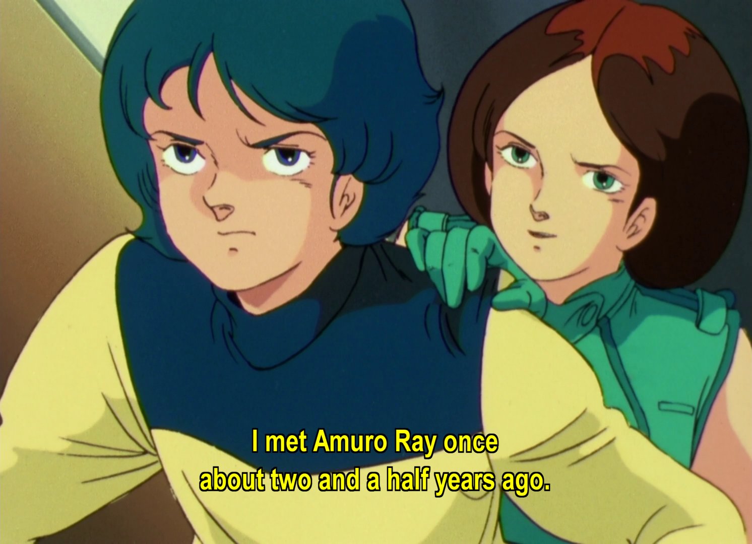 Kamille angry and walking away but Emma holding his shoulder.  Emma: I met Amuro Ray once about two and a half years ago.