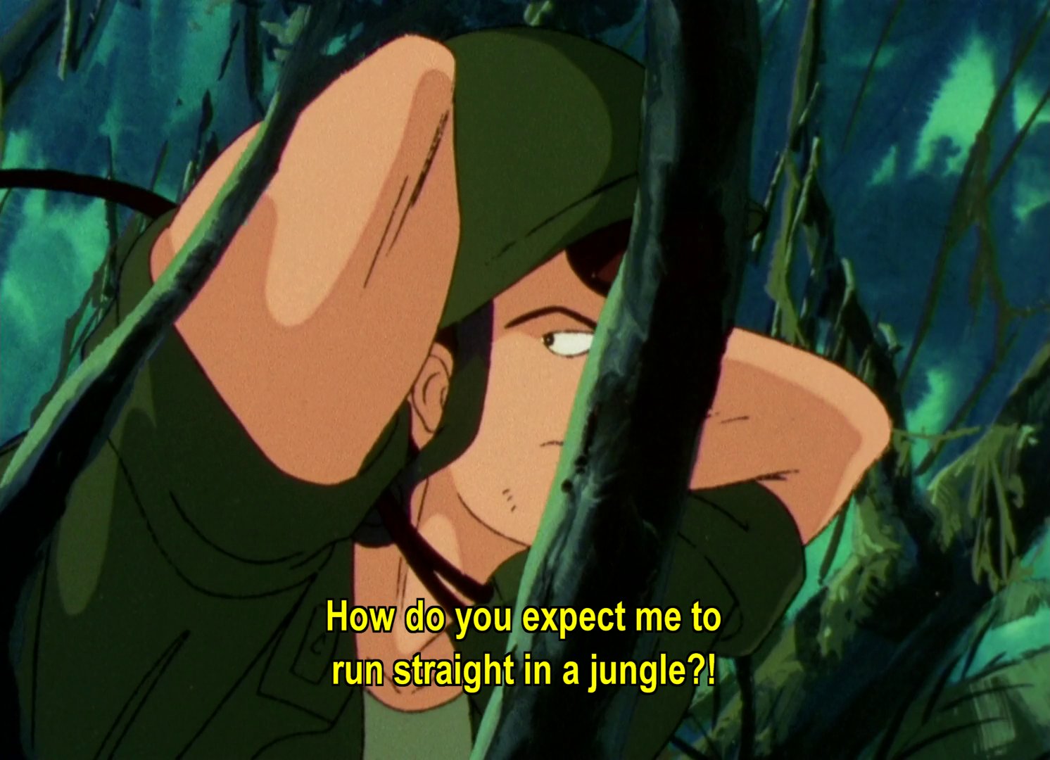 Soldier, with his hands behind his head: How do you expect me to run straight in a jungle?!