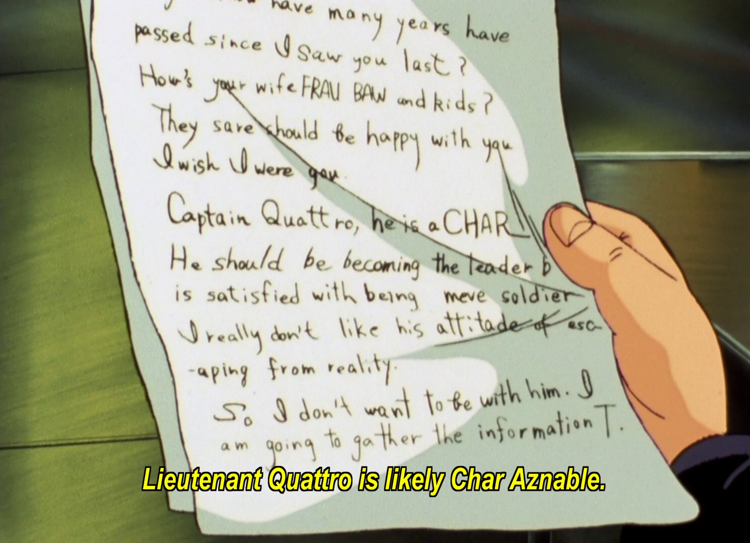 Letter continued: So I don't want to be with him.  I am going to gather the information T.  Subtitles from Kobayashi: Lieutenant Quattro is lively Char Aznable.