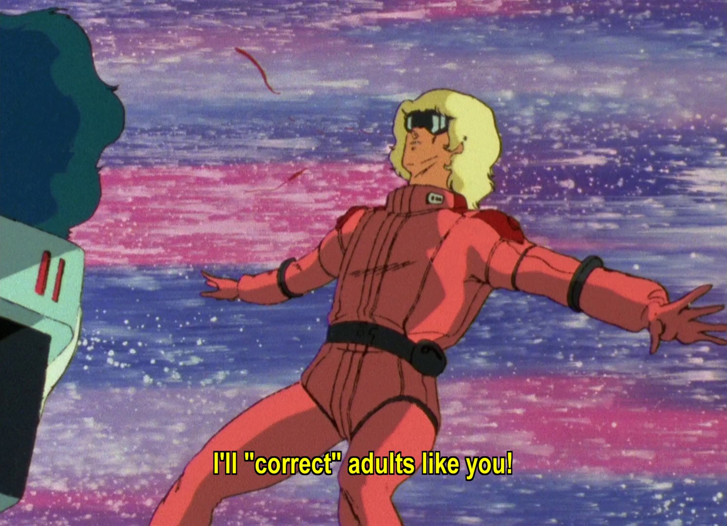 Lt Quattro getting punched into the Pink-Purple dimension by Kamille.  This image was once a meme.  Kamille: I'll correct adults like you!