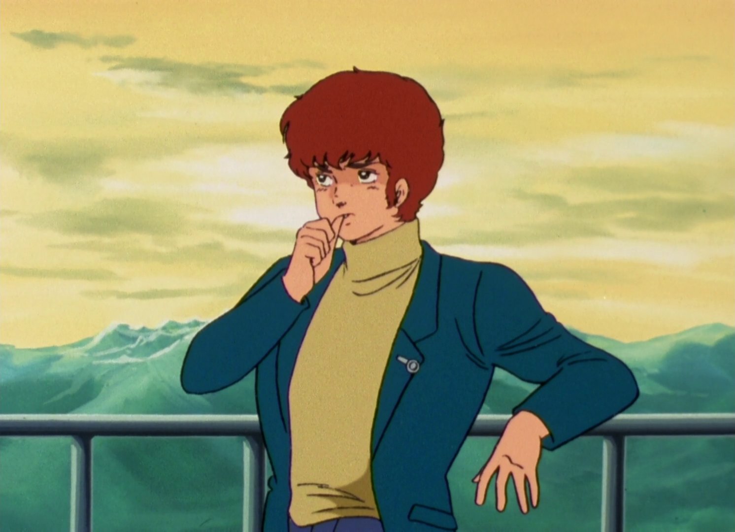 Amuro Ray, slightly older than in 79, leaning back on a railing and biting his thumb.