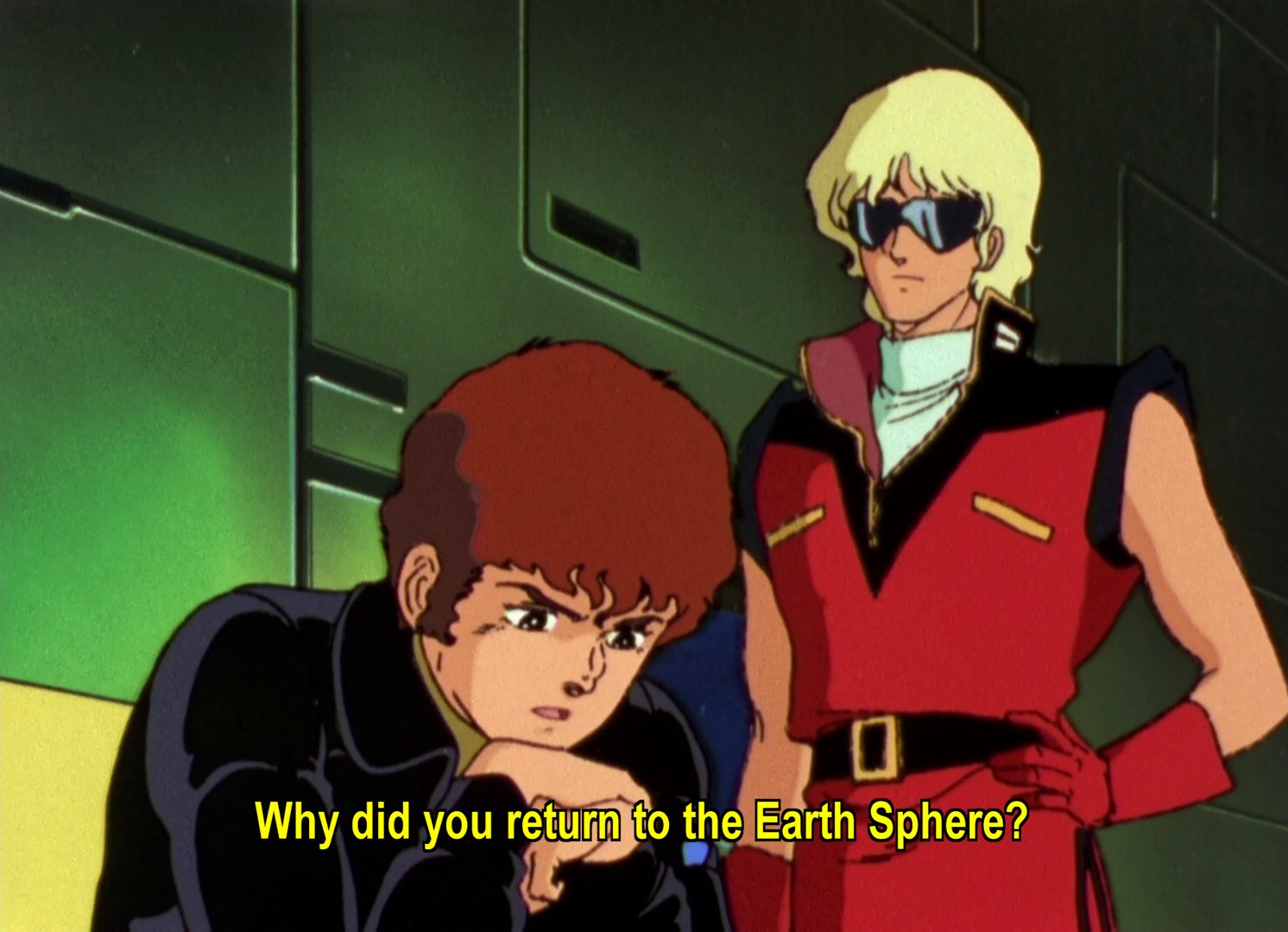 Lt Quattro standing beside Amuro in the hanger.  Amuro: Why did you return to the Earth Sphere?