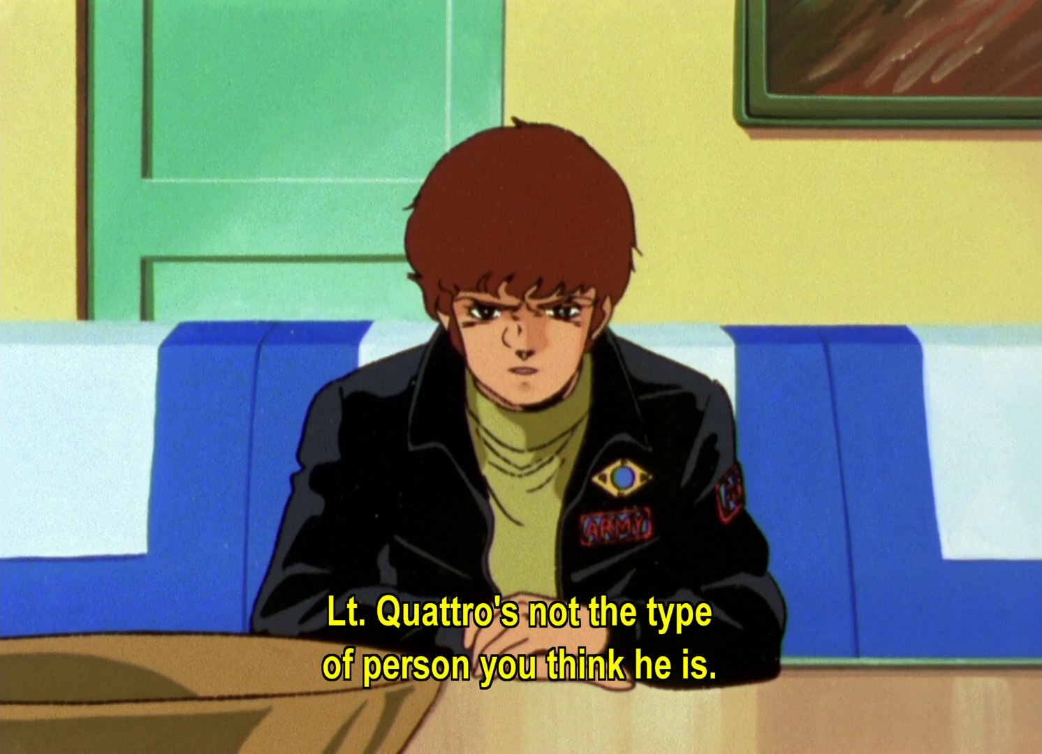 Amuro, angry at a table: Lt Quattro's not the type of person you think he is.