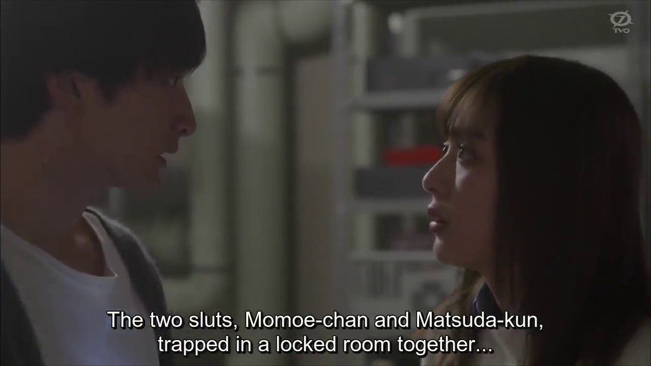 Matsuda and Momoe looking at each other.  Narrator: The two sluts, Momoe-chan and Matsuda-kun, trapped in a locked room together.
