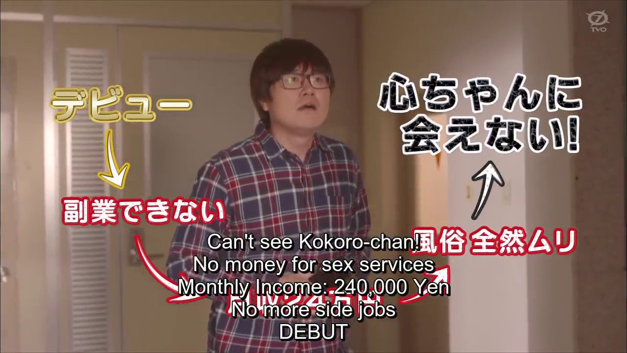 Hiyama, with a flow chart: Can't see Kokoro-chan, No money for sex services, Monthly income 240000 yen, No more side jobs, debut