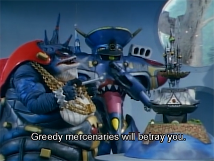 Don Dolnero, a whale man with gold necklaces and a cigar, talking to a battle ship monster: Greedy mercenaries will betray you.
