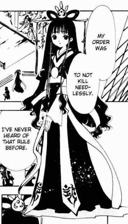 Princess Tomoyo, a girl with long black hair and kimono: My order was to not kill needlessly.  Cut off panel: I've never heard of that rule before.