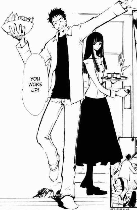Sorata, a man with short black hair, and Arashi, a woman with long black hair, bringing in snacks.  Sorata: You woke up!