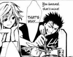 Fai, resting his chin on his hands with a soft smile while Mokona and Kurogane fight over food with chopsticks.  Kurogane: You bastard, that's mine!