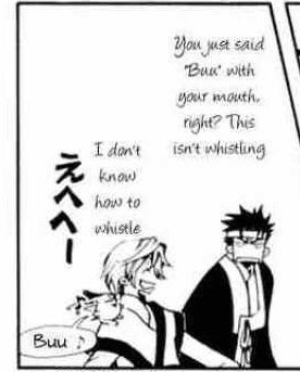 Fai and Kurogane in hanbok.  Fai: You just said 'buu' with your mouth, right?  This isn't whistling.  Fai: I don't know how to whistle.