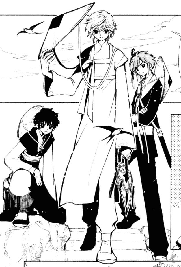 Nokoru (a boy with blond hair and fluffy sideburns, Ryo Asuka-esque), Suoh (A boy with navy hair spiked back, long sideburns), and Akira (boy with black hair, slightly fluffy) from Clamp School Detectives in traditional Korean dress