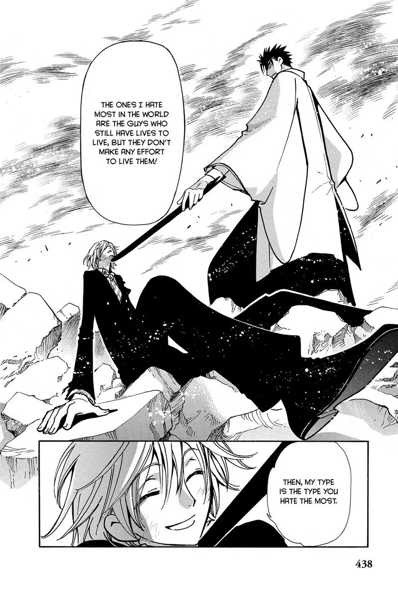 Panel 1: Fai in a suit, sitting in a pile of rubble, Kurogane's sword at his throat.  Kurogane: The ones I hate most in the world are teh guys who still have lives to live, but they don't make any effort to live them!  Panel 2: Fai, smiling: Then, my type is the type you hate the most.
