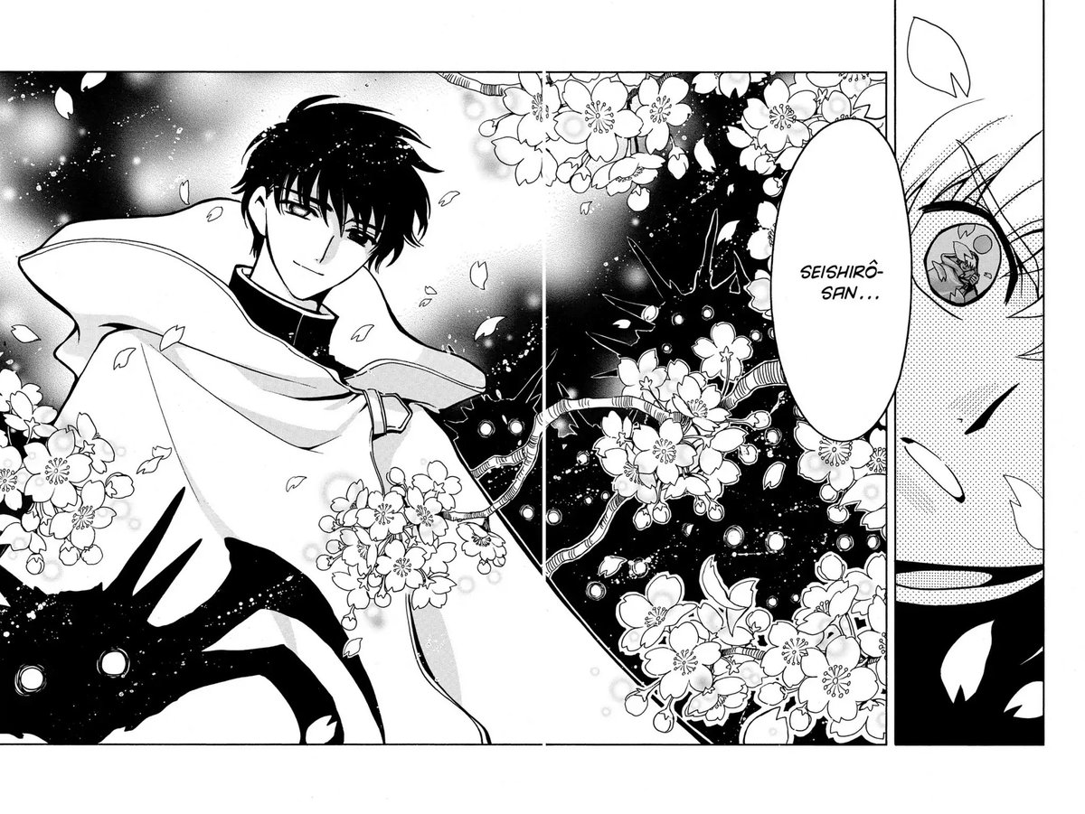 Panel 1: Syaoran, a man's reflection in his eye and sakura petals flowing down.  Panel 2: Seishirou, a man with black hair and wearing a large cloak.  He's blind in his right eye and sitting in a sakura tree filled with shadow monsters.  Syaoran: Seishirou-san...
