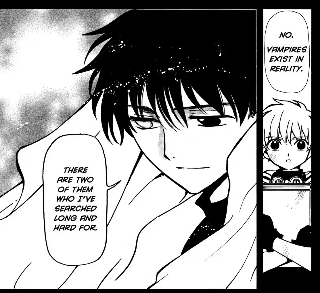 Panel 1: Syaoran, clutching a book to his chest.  Seishirou: No.  Vampites exist in reality.  Panel 2: Seishirou looking down wistfully: There are two of them who I've searched long and hard for.