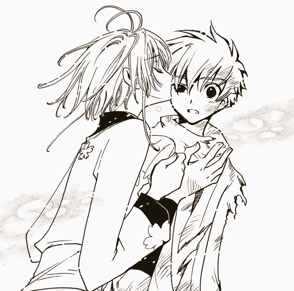 Sakura holding Mokona and kissing Syaoran's right eye.