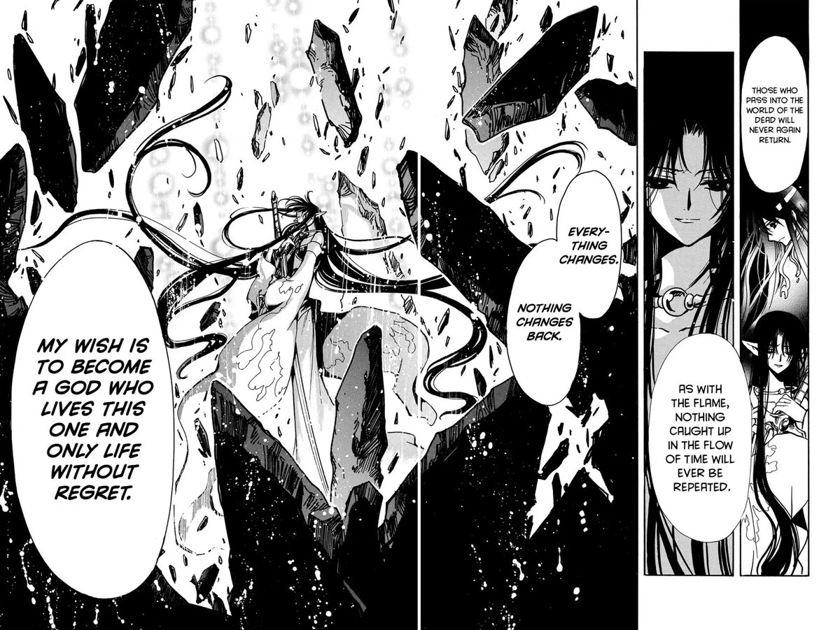 Panel 1: Ashura and Yasha, Ashura clutching his sword.  Ashura: Those who pass into the world of th edead will never return again.  Panel 2: Ashura: As with the flame, nothing caught up in the flow of time will ever be repeated.  Panel 3: The stones flying up around Ashura as they stand hugged Yasha's sword.  Ashura: Everything changes.  Nothing changes back.  My wish is to become a God who lives this one and only life without regret.