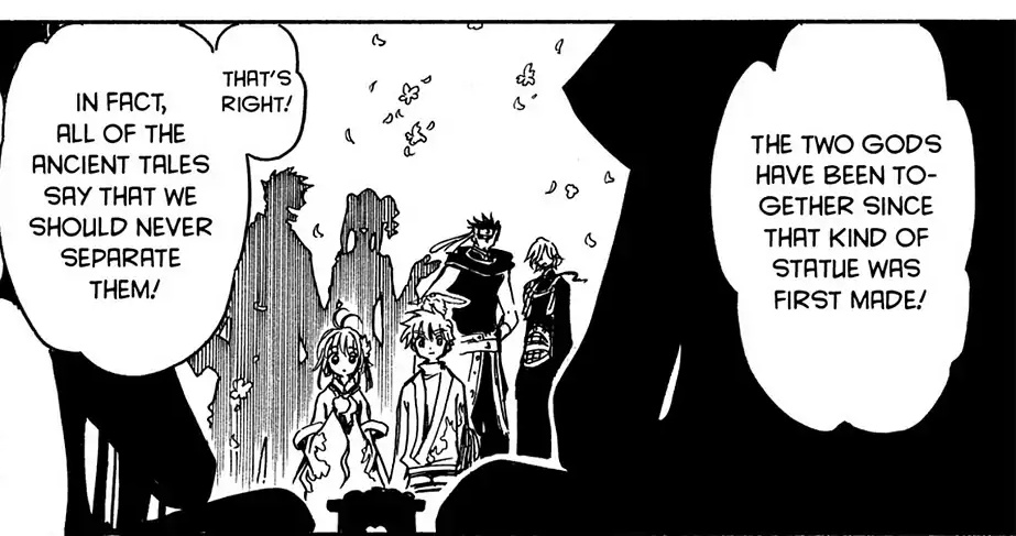 Syaoran, Sakura, Kurogane and Fai looking at a statue of Ashura and Yasha.  Chatting people: The two Gods have been together since that kind of statue was first made!  That's right!  In fact, all of the ancient tales say that we should never separate them!