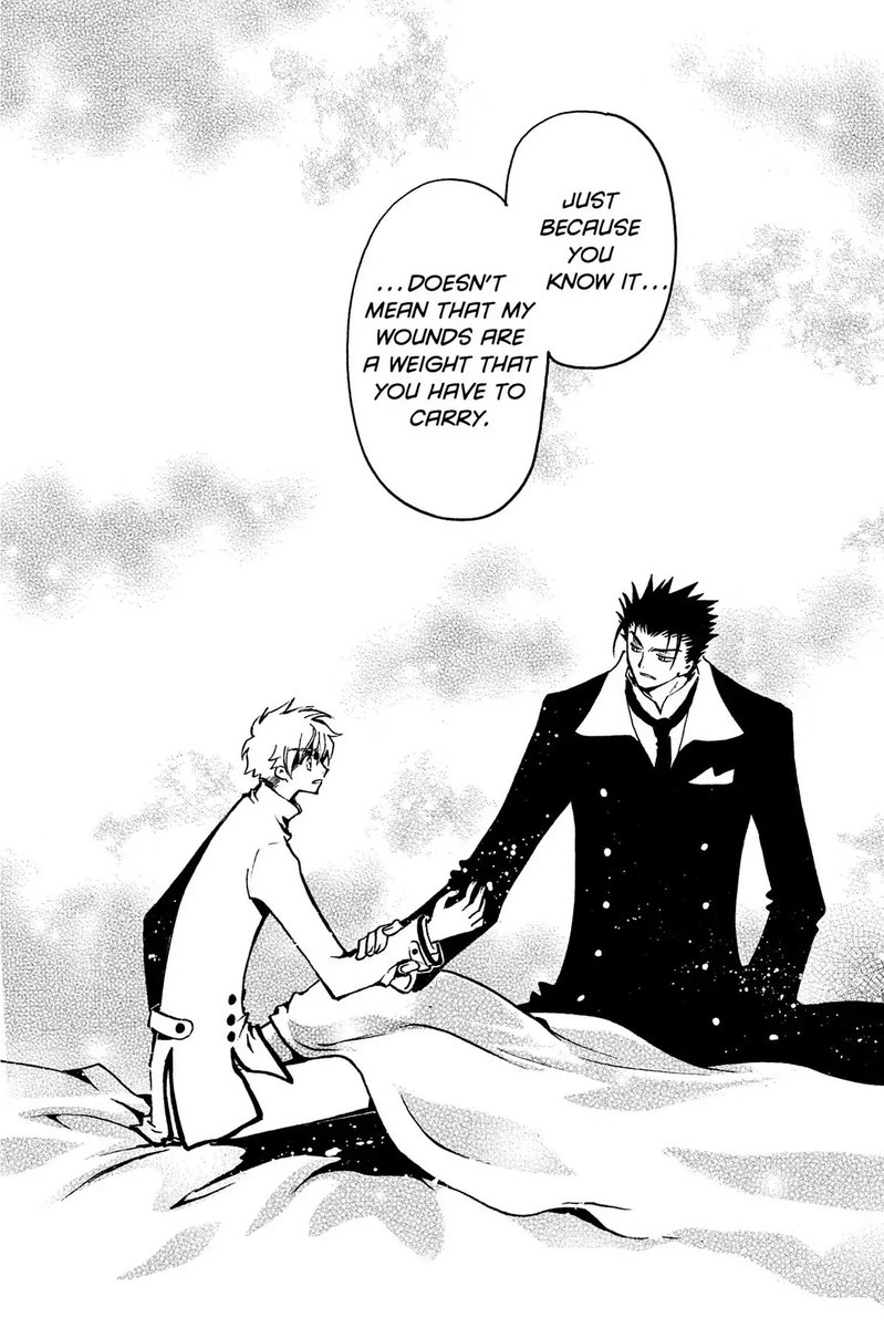 Kurogane sitting by Syaoran's bed, holding his arm as Syaoran sits up.  Kurogane: Just because you know it doesn't mean that my wounds are a weight that you have to carry.