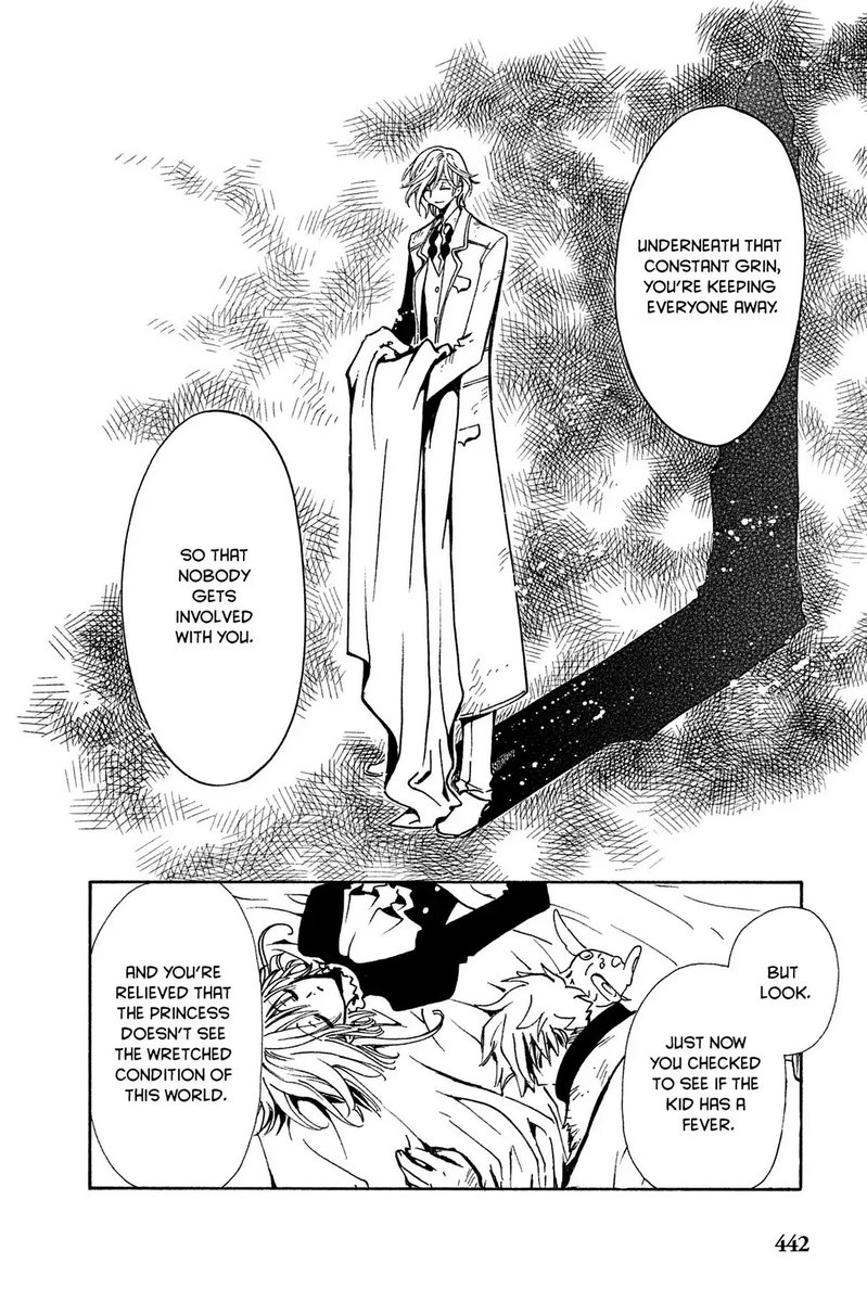 Panel 1: Fai standing in the void, holding blanket.  Kurogane, off-screen: Underneath that constant grin, you're keeping everyone away.  So that nobody gets involved with you.  Panel 2: Sakura and Mokona sleeping on a bed, Syaoran sleeping with his head on the bedside.  Kurogane, still off-screen: But look.  Just now you checked to see if the kid has a fever.  And you're relieved that the princess doesn't see the wretched condition of this world.