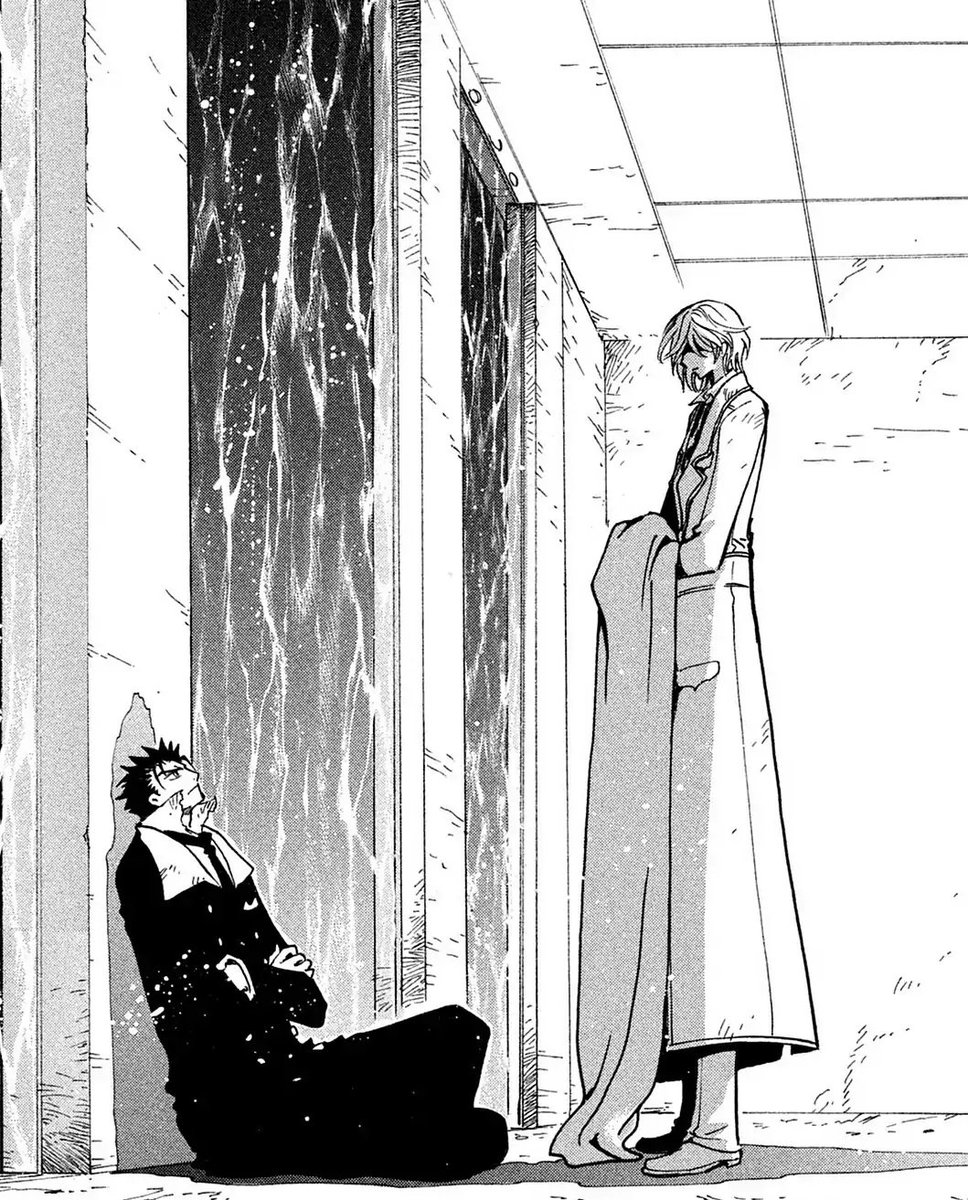 Fai standing over Kurogane, eyes hidden by hair.  Kurogane sitting on the floor, looking up at him with his arms crossed and leaning against the wall.