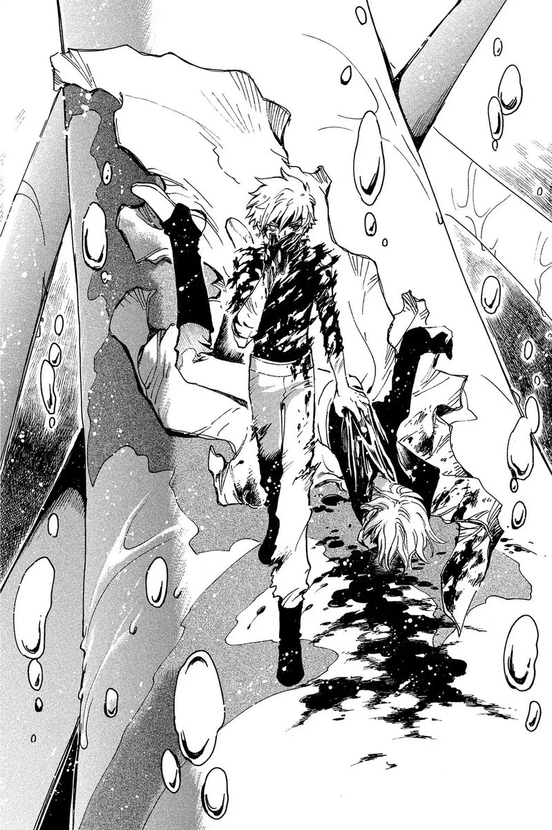 Syaoran walking along pillar, covered in blood and dragging the bloodied body of Fai as he covers his mouth with his blood soaked hand.  One oh his eyes is black, the other is white.
