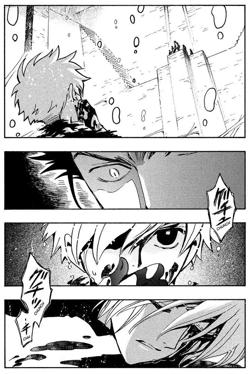 Panel 1: Syaoran looking up at people standing on top of a ledge.  Panel 2: Kurogane looking down shocked.  Panel 3: Syaoran crunching something, hidden by his hand.  Panel 4: Fai's body, blood flowing from his left eye socket.