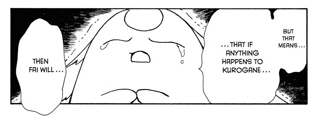 Mokona crying: but that means that if anything happens to Kurogane then Fai will...
