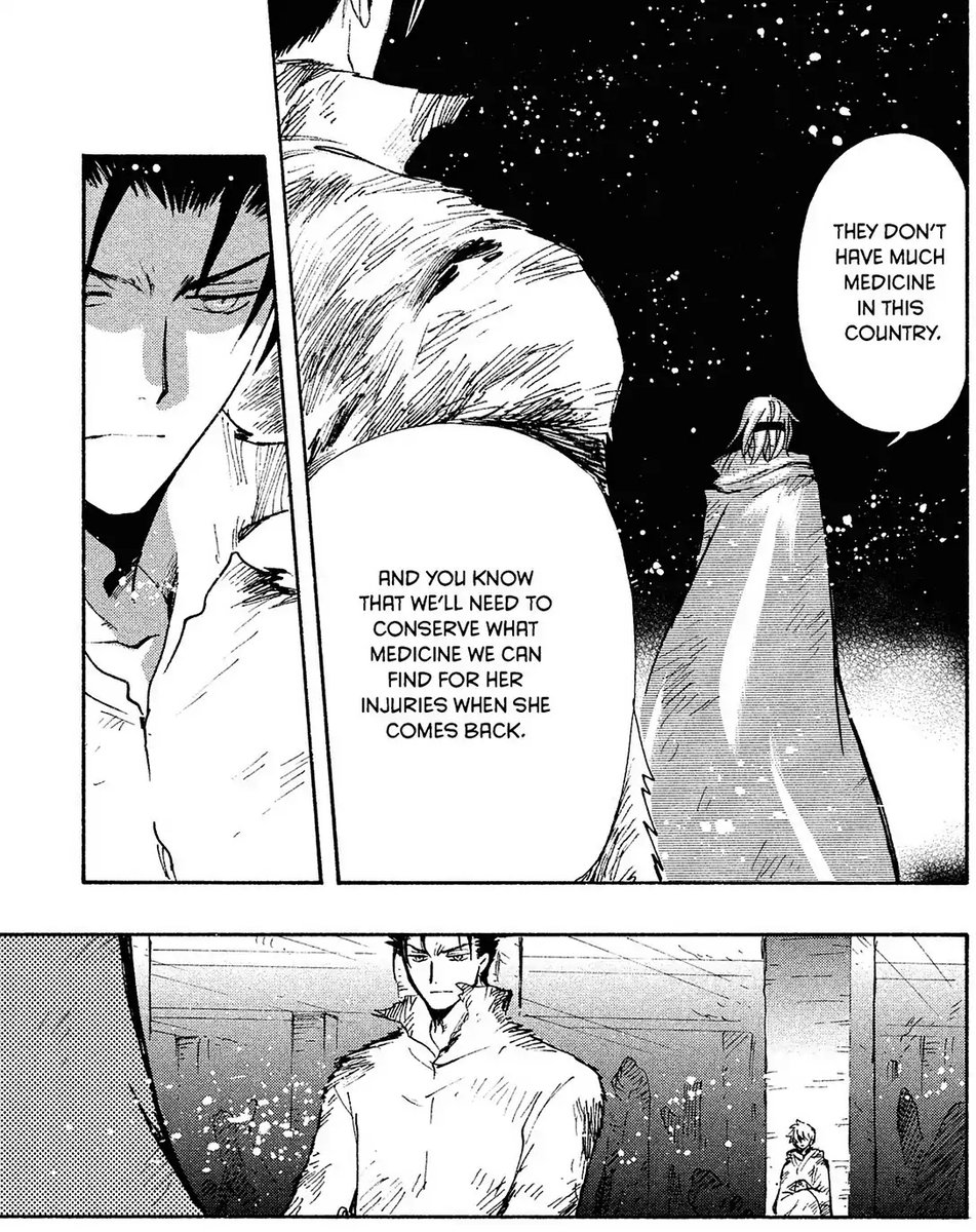 Panel 1: Kurogane looking at Fai's back against the starry night.  Fai: They don't have much medicine in this country.  And you know that we'll need to conserve what medicine we can find for her injuries when she comes back.  Panel 2: Kurogane, eyes slightly shaded.  Panel 3: Syaoran leaning on a pillar a few metres behind them.