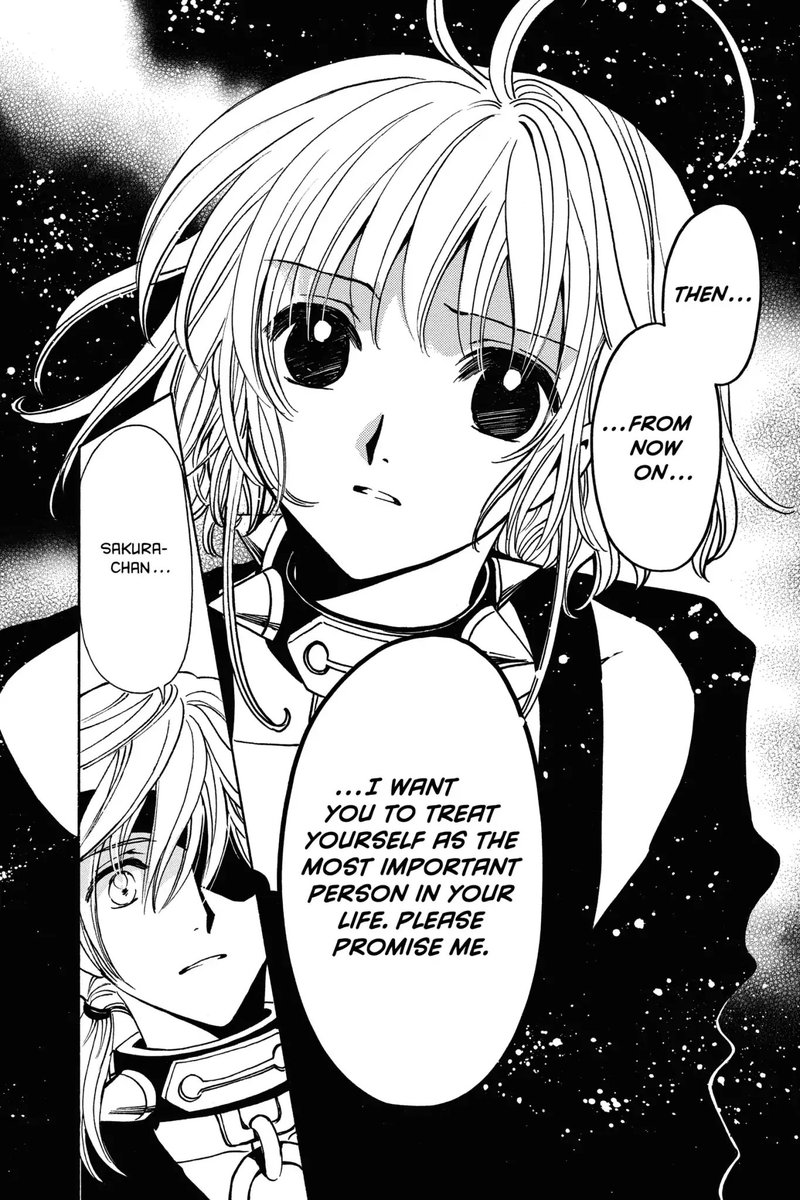 Panel 1: Sakura, wearing a black dress and spiked collar.  Sakura: Then, from now on, I want you to treat yourself as the most important person in your life.  Please promise me.  Panel 2: Fai looking surprised: Sakura-chan...