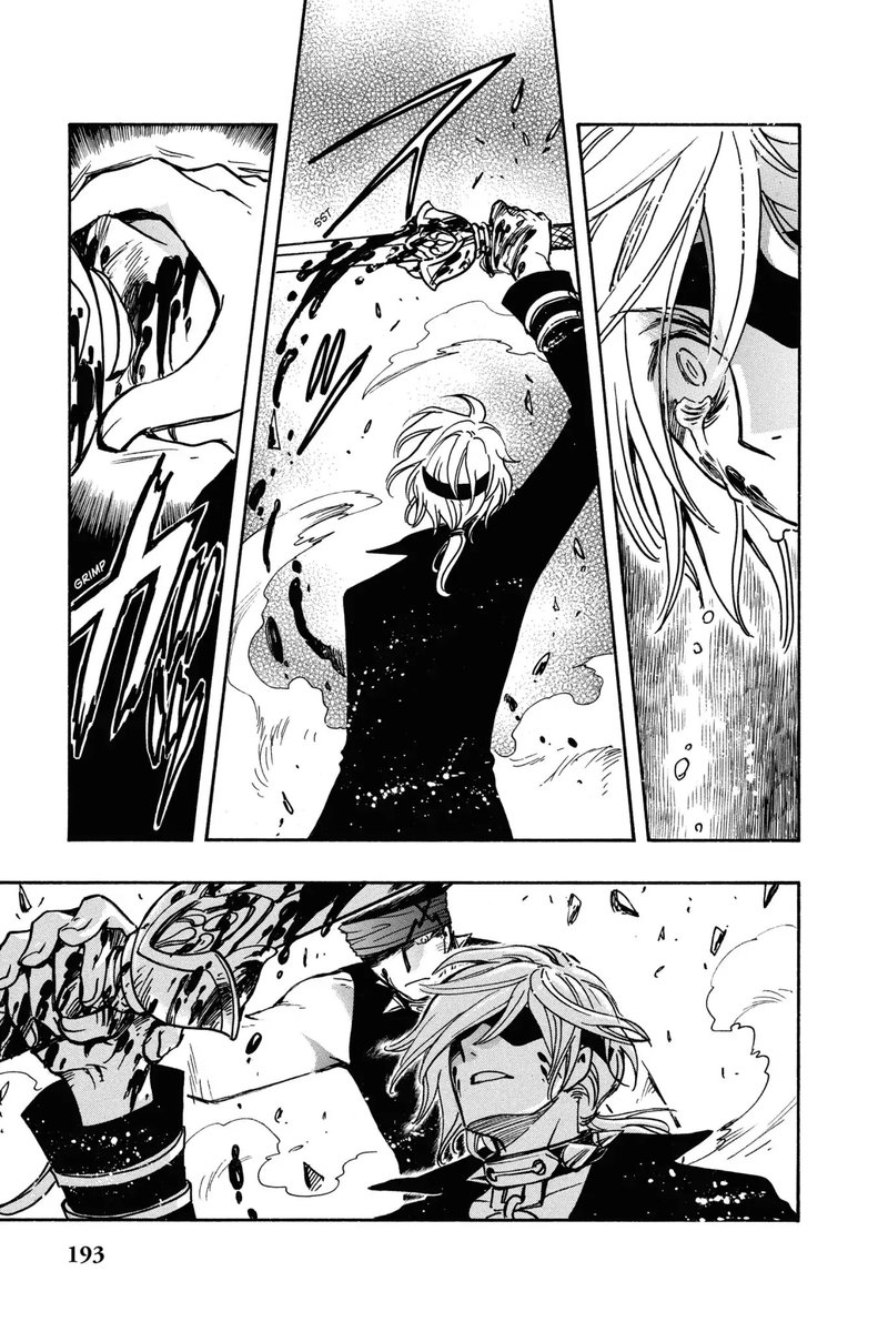 Panel 1: Fai crying, blood splattered on his face.  Panel 2: Fai holding up the bloodied sword.  Panel 3: Kurogane's hand wresting over Fai's.  Panel 4: Kurogane looking down at Fai, holding the sword still.