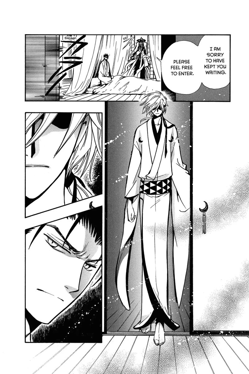 Panel 1: Kurogane sitting up in a futon, Princess Tomoyo at his side.  Tomoyo: I am sorry to have kept you waiting.  Please feel free to enter.  Panel 2: Fai at the sliding door, wearing a white furisode with black cresent moons on the shoulder, black underlay, and an obi of black and white triangles.  Panel 3: Close on Fai's face, mouth straight, eye-patched side.  Panel 4: Kurogane.