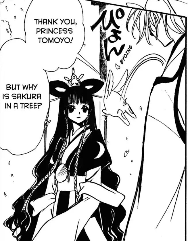 Mokona jumping off of Fai to Tomoyo: Thank you, Princess Tomoyo!  But why is sakura in a tree?