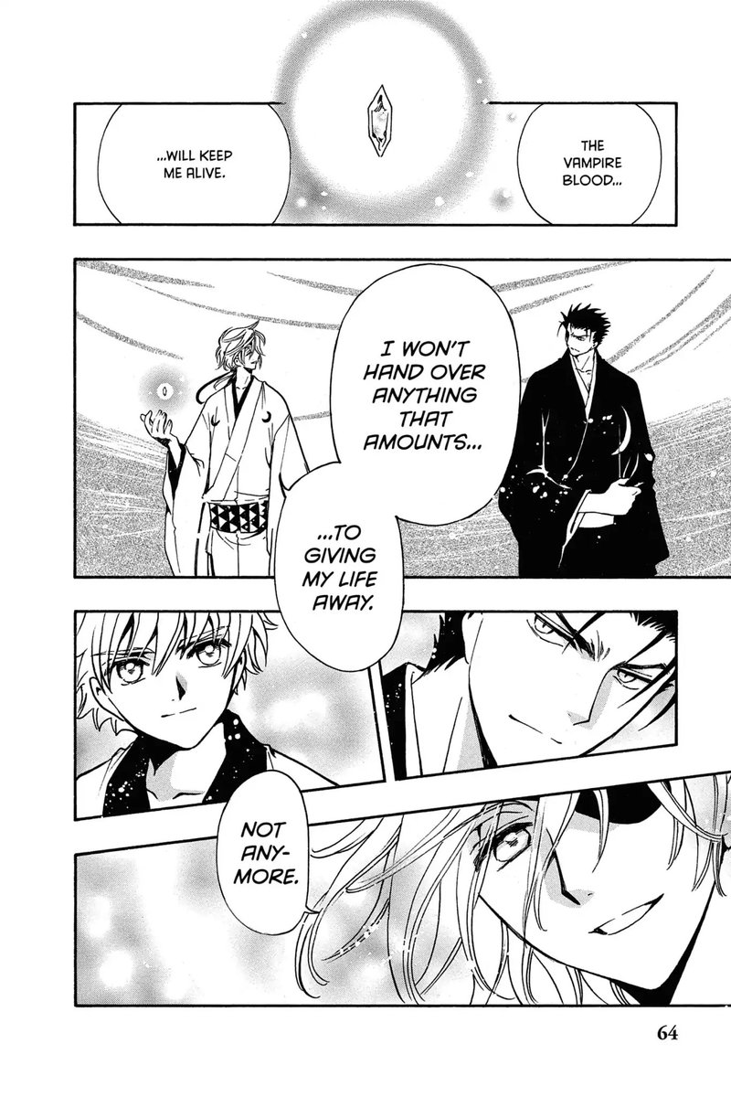Panel 1: A crystal.  Fai, off-screen: The vampire blood will keep me alive.  Panel 2: Kurogane in a black kimono, a white cresent moon on the left side of his chest.  Fai, holding the tiny crystal.  Fai: I won't hand over anything that amounts to giving my life away.  Panel 3: Kurogane, smiling slightly.  Panel 4: Syaoran smiling.  Panel 5: Fai, also smiling: Not anymore.