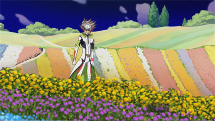 Varis standing in a field of rainbow flowers