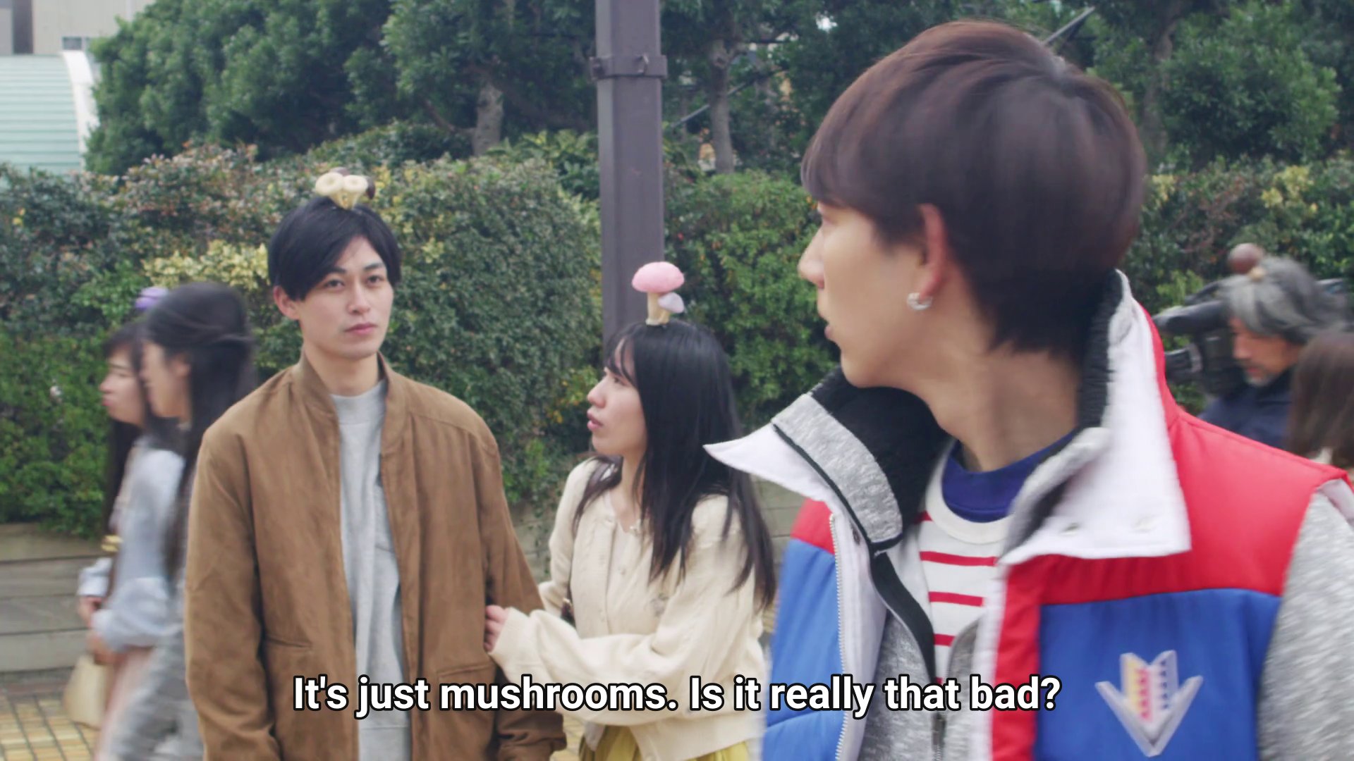 A couple with mushrooms growing out their heads, talking to Kaito: It's just mushrooms.  Is it really that bad?