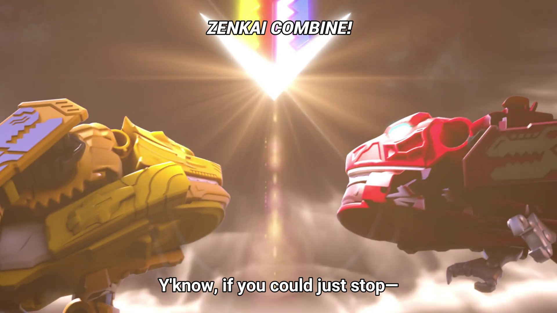 Gaon, robot form, which is a yellow cat, and Zyuran's robot form, a red t-rex.  Subtitles: Y'know, if you could just stop- ZENKAI COMBINE!