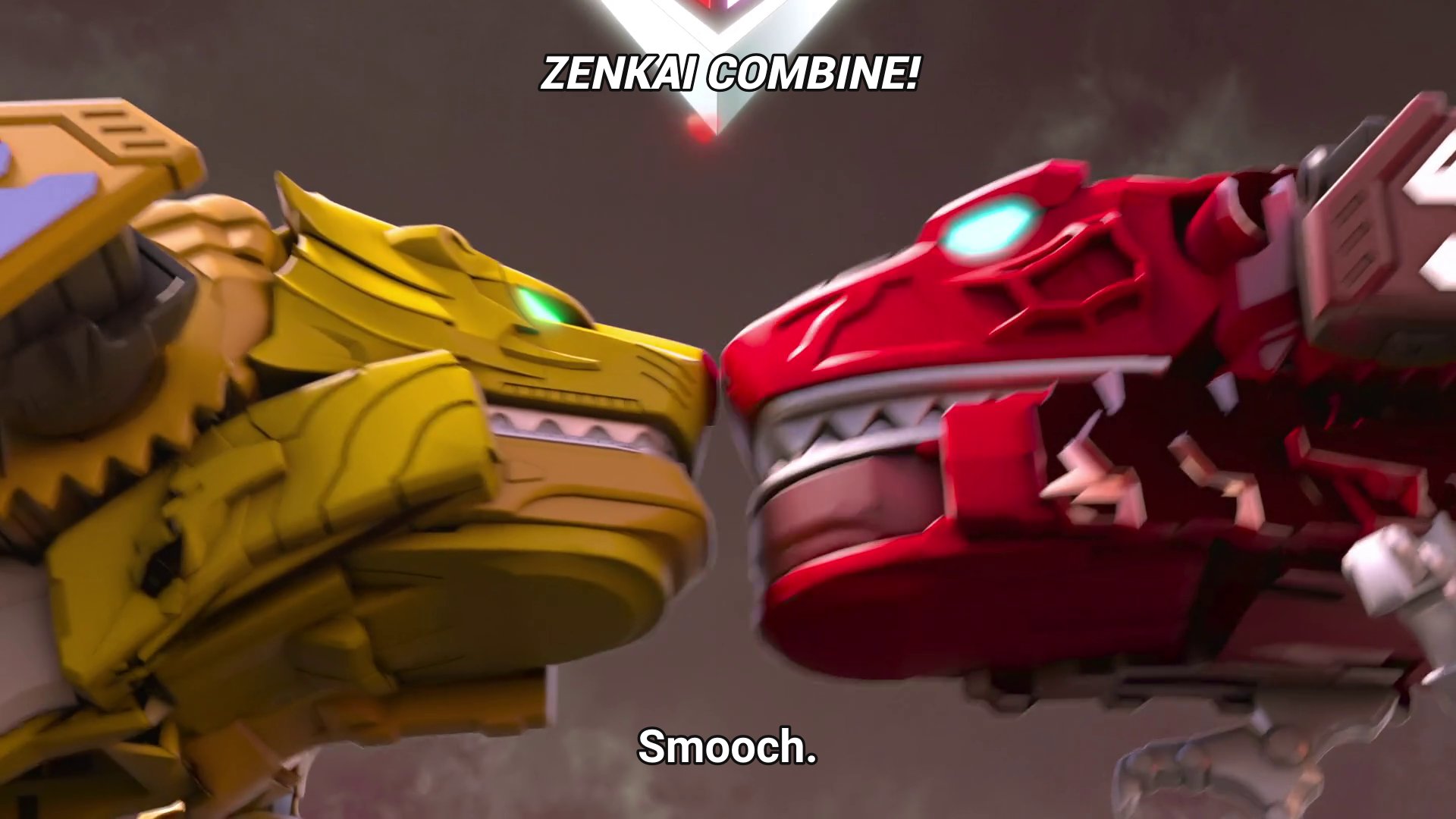 Gaon and Zyuran robot forms touching noses.  Subtitles: Smooch.