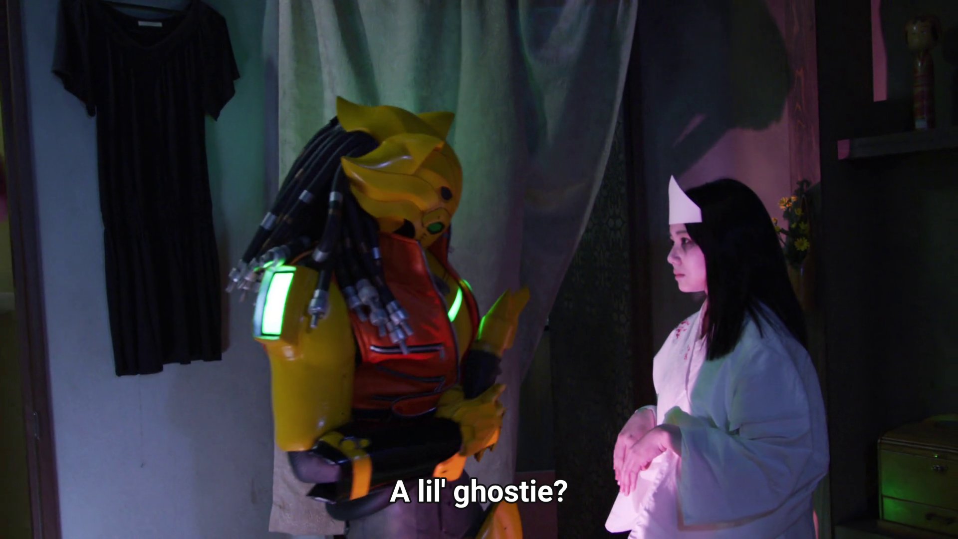 Gaon in a cheap haunted house looking at a woman dressed as a ghost.  Gaon: A lil ghostie?