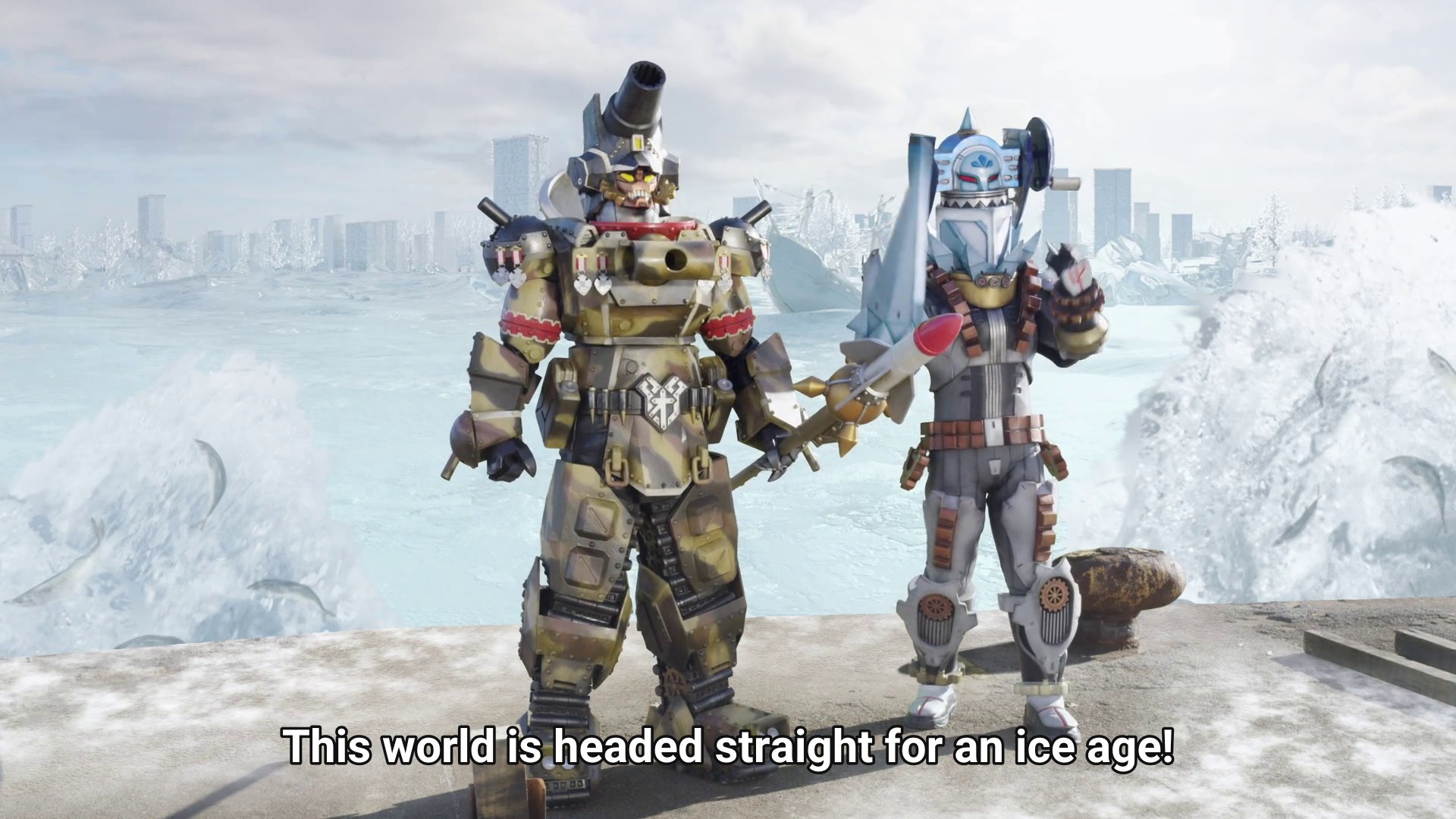 Barashitara, a tank based robot, and a shaved ice themed robot.  Subtitles: This world is headed straight for an ice age!