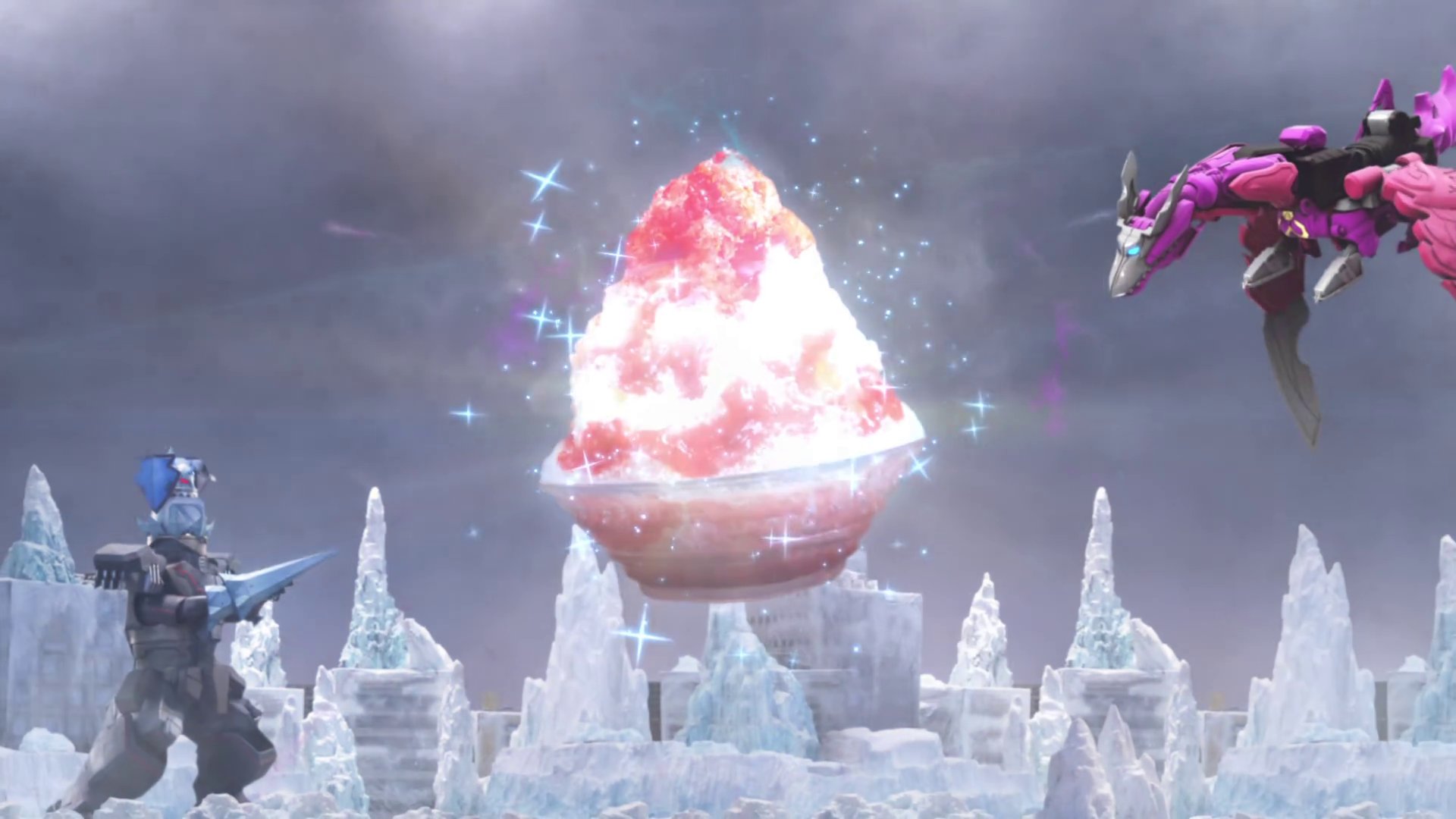 A pink dragon robot fighting the shaved ice monster in a frozen city with a giant floating bowl of red shaved ice between them.