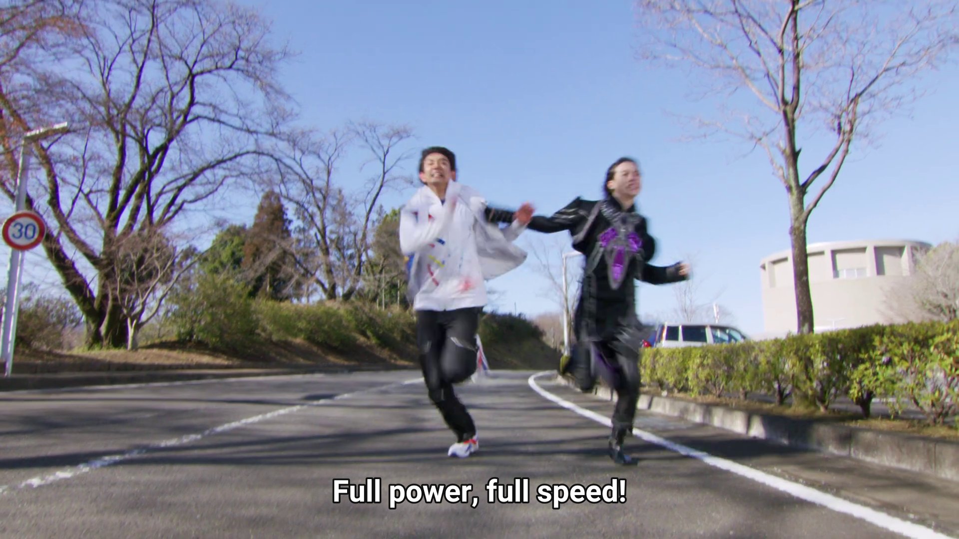 Stacey and Kaito racing.  Kaito: Full power, full speed!